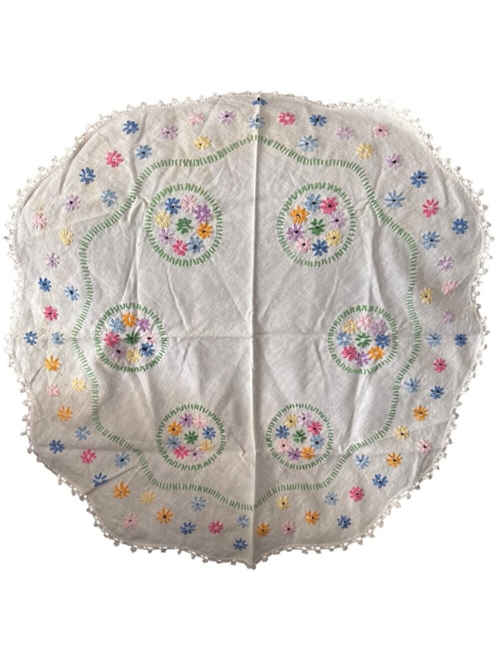 Vintage Hand-Embroidered Floral Linen Tablecloth With Lace Trim 19" Round Pastel